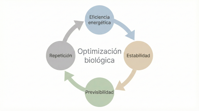 Diagrama circular que muestra cómo la eficiencia energética conduce a estabilidad, la estabilidad a predictibilidad, la predictibilidad a repetición, y la repetición nuevamente a eficiencia energética.